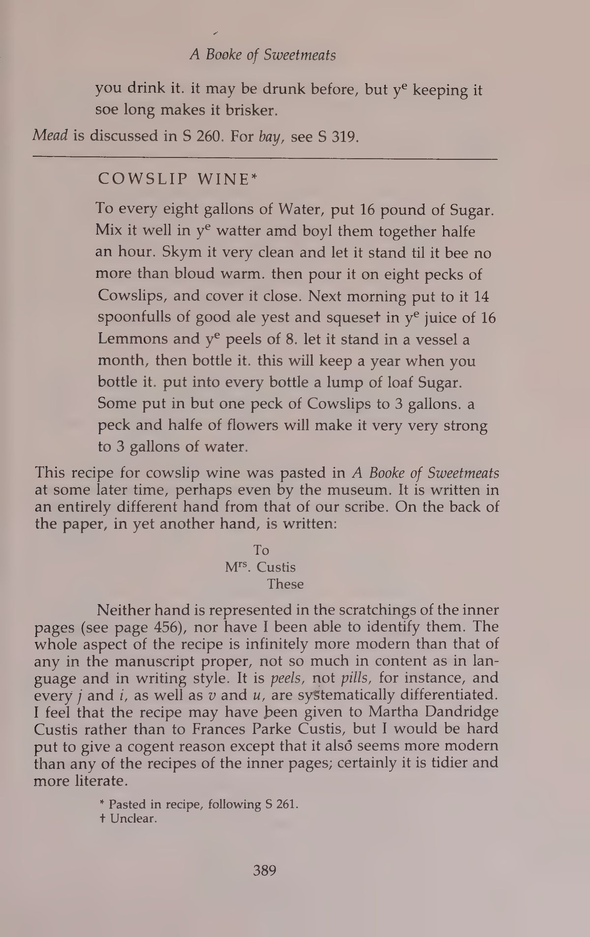 Printed page 389 containing Cowslip Wine