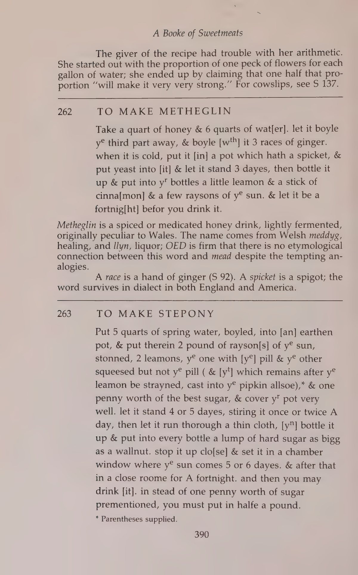 Printed page 390 containing Metheglin and Stepony
