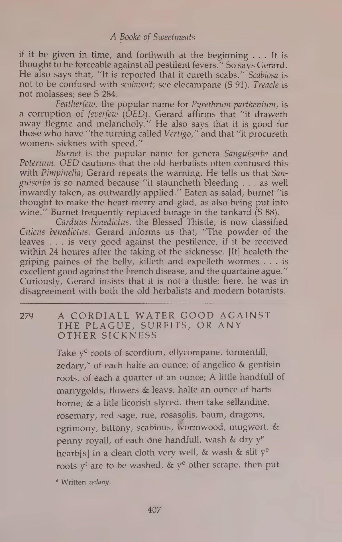 Printed page 407 containing A Cordiall Water Good Against The Plague, Surfits, Or Any Other Sickness