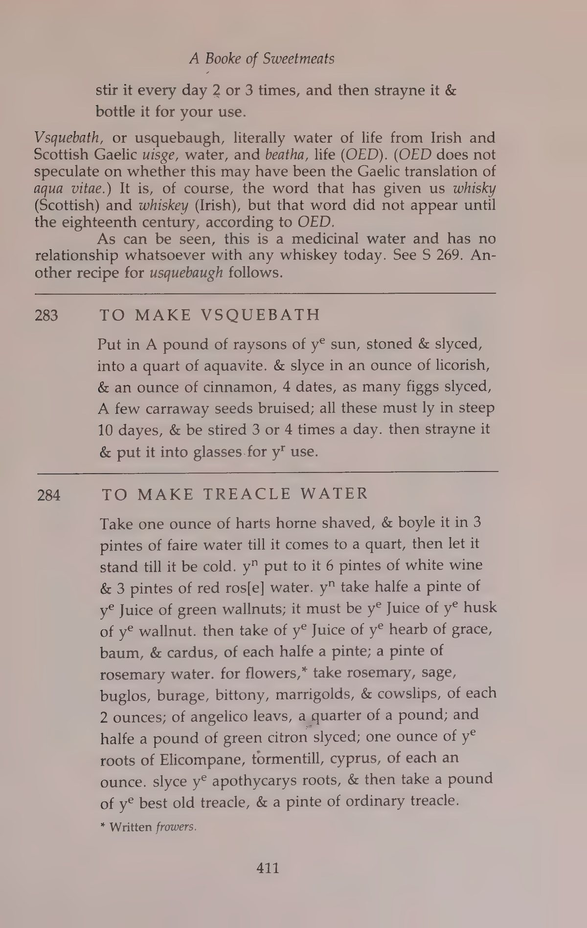 Printed page 411 containing Vsquebath and Treacle Water
