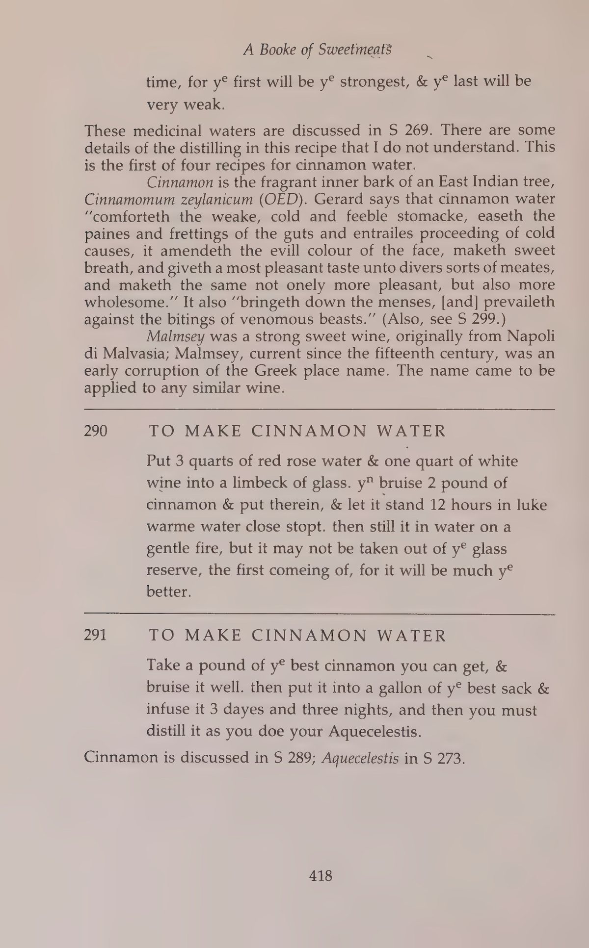 Printed page 418 containing Cinnamon Water (S290) and Cinnamon Water (S291)