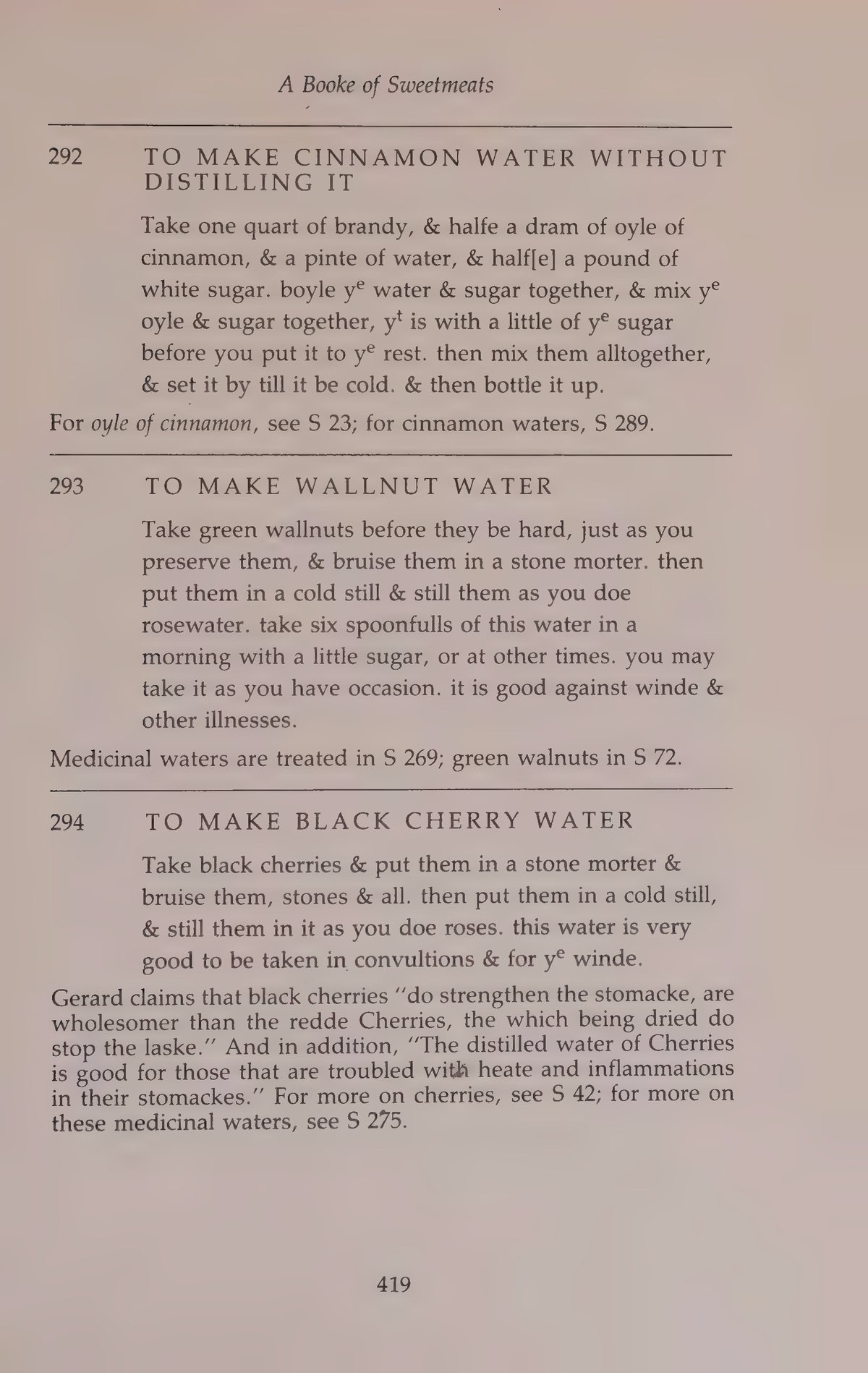 Printed page 419 containing Cinnamon Water Without Distilling It, Wallnut Water, and Black Cherry Water