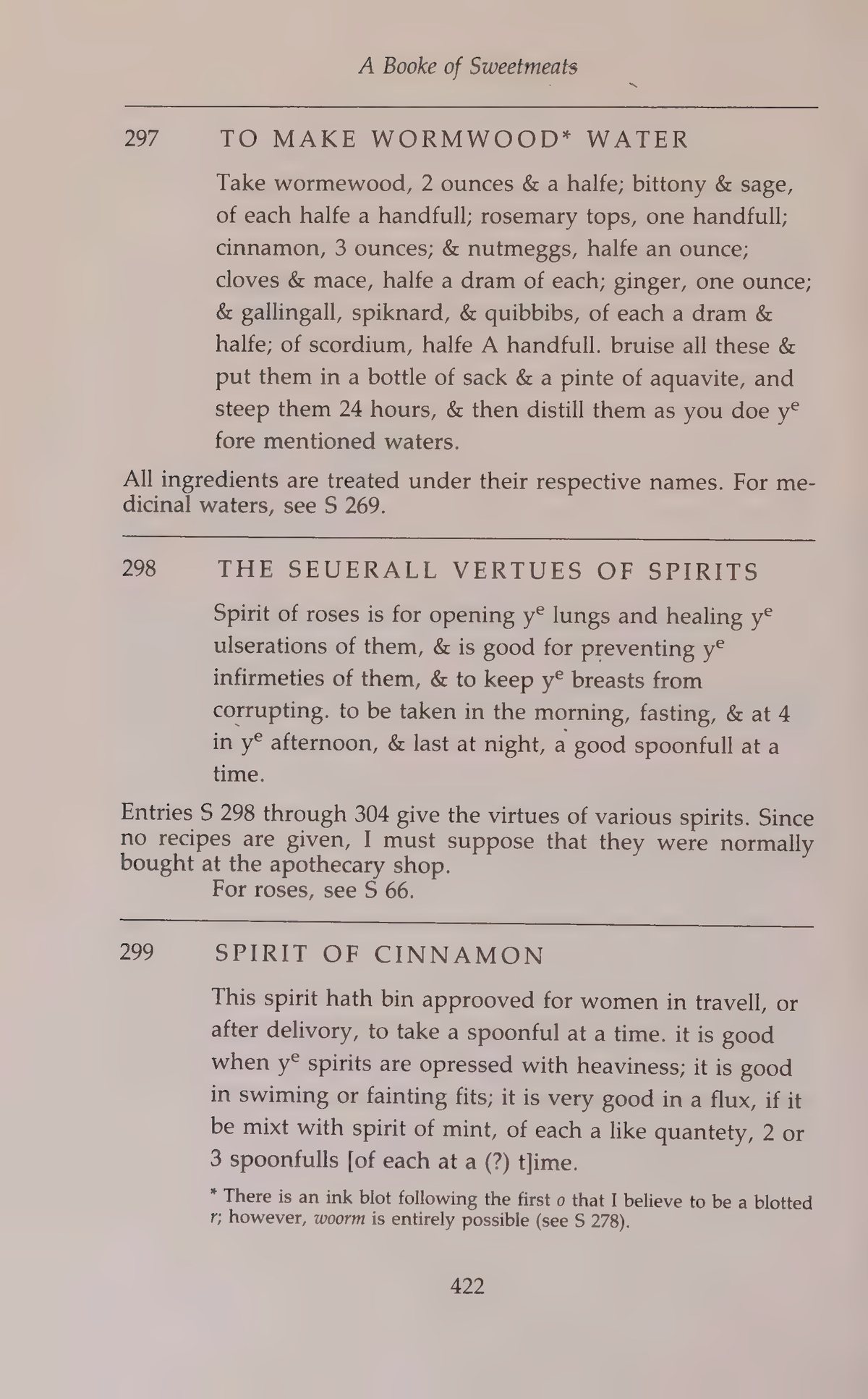 Printed page 422 containing Wormwood Water, The Seuerall Vertues Of Spirits — Spirit Of Roses, and Spirit Of Cinnamon