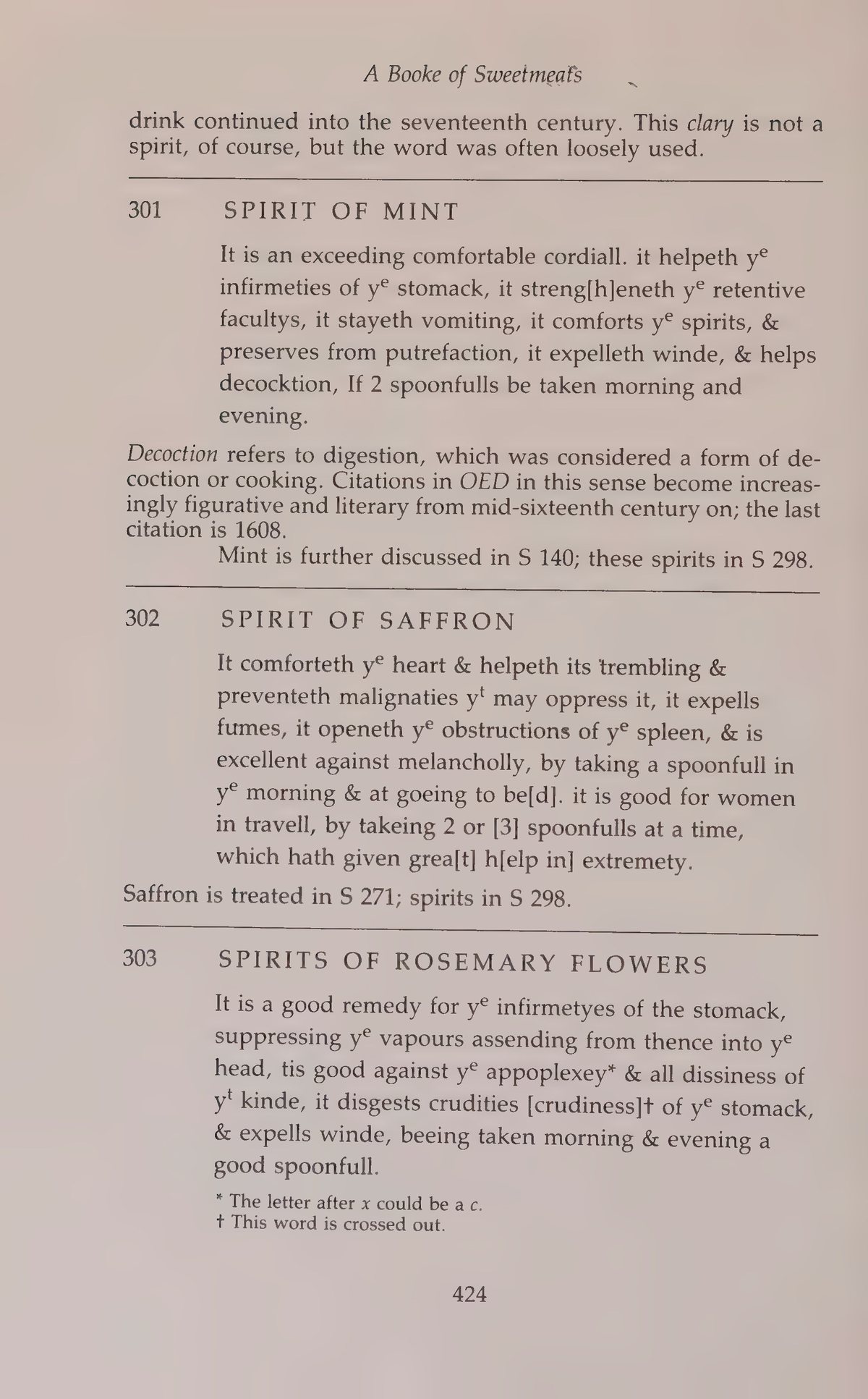 Printed page 424 containing Spirit Of Mint, Spirit Of Saffron, and Spirits Of Rosemary Flowers